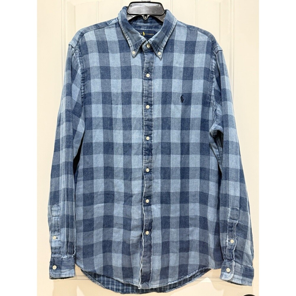 Polo Ralph Lauren Shirt Men's XL Blue Check Plaid Cotton Flannel Long Sleeve